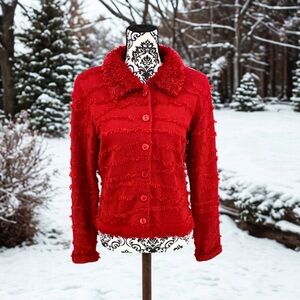 Michael Simon New York Vintage Red Fringe Fuzzy Collar Button-Up Cardigan, M